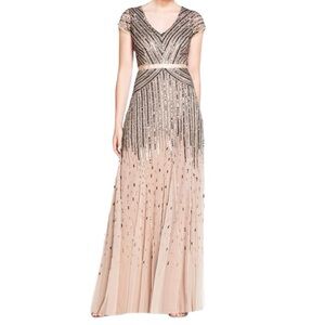 [NWT] ADRIANNA PAPELL BEADED V-NECK GOWN - Color: Nude - Size: 2